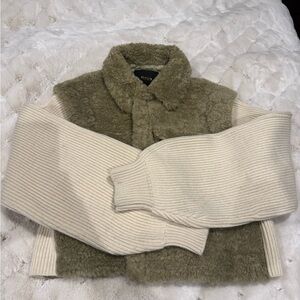 Maje Cream Teddy Jacket with Cozy Fleece and Chunky Knit